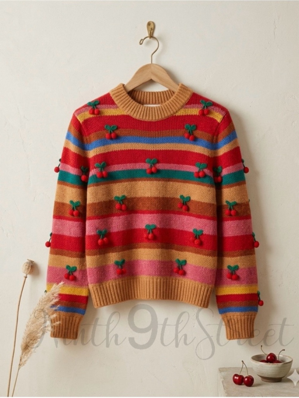 Farm Rio Colorful Stripe 3D Cherry Crochet Wool Blend Sweater NWT Small